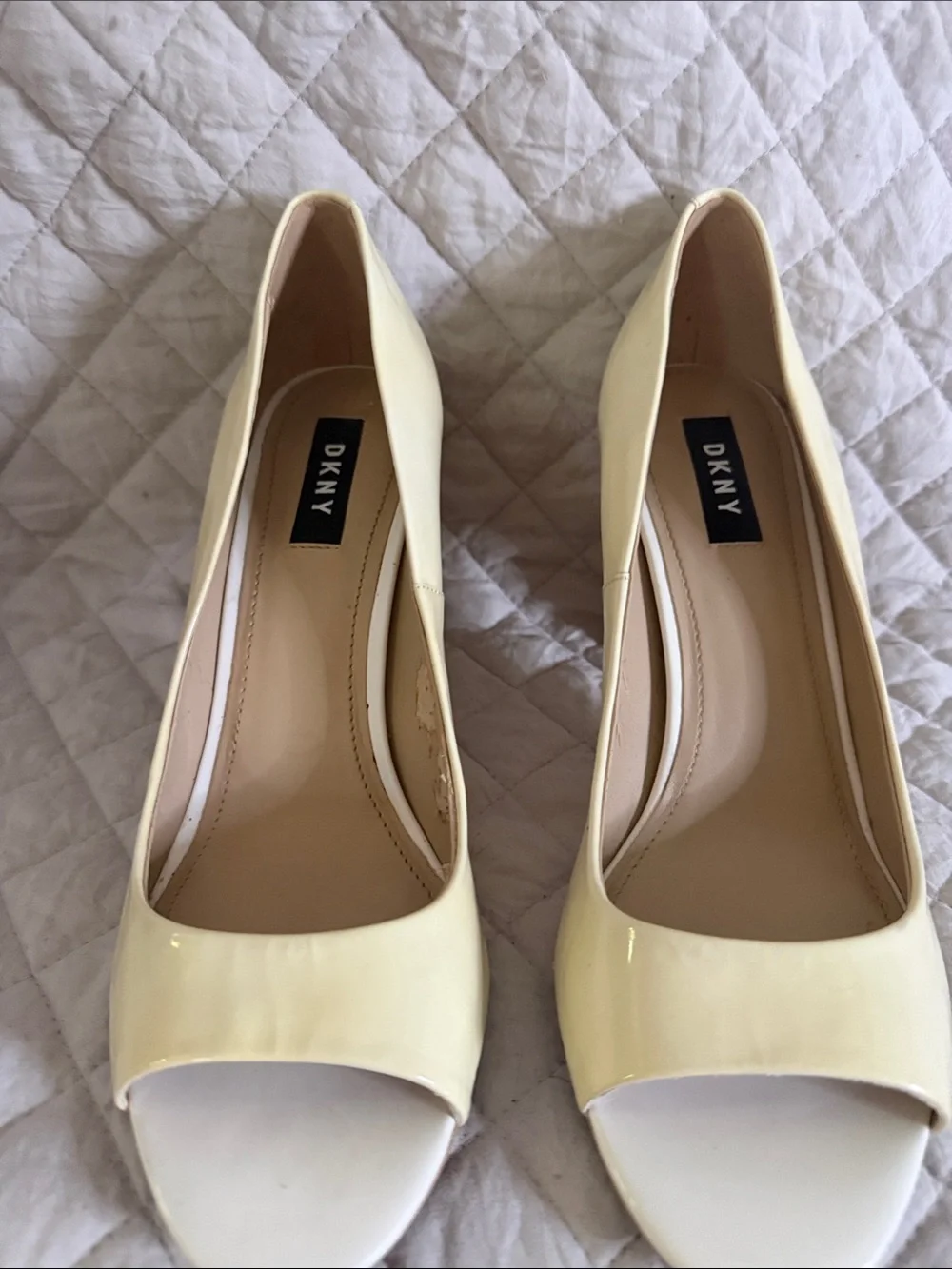 DKNY Cream Patent Peep-Toe Heels